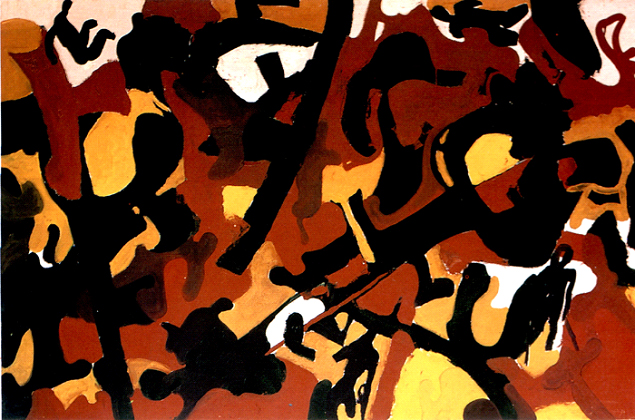 Chandraguptha Thenuwara, “Camouflage”, the painting introducing the “Barrelism” concept, 100 x 149,5 cm, 1997